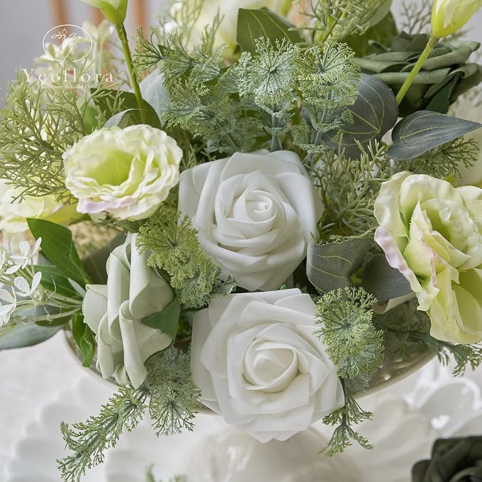 Artificial Flowers, 25pcs Artificial Rose for DIY Wedding Bouquets Centerpieces Arrangements, White Foam Rose with Stem for Bridal Shower Party Home Decorations