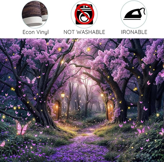 7X5ft Enchanted Forest Backdrop Fairy Tale Purple Wonderland Garden Tree House Floral Butterfly Photography Background for Kids Girl Baby Shower Birthday Party Decoration Banner Booth Props