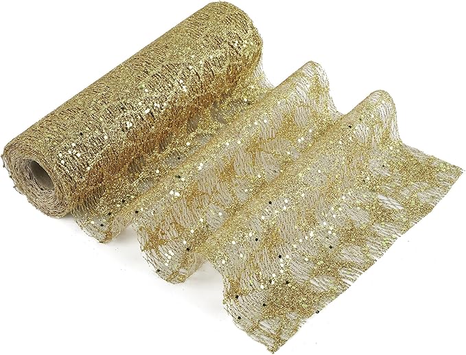 MEEDEE Gold Glitter Mesh Star Web Ribbon 10 Inch Wide by 10 Yards Roll Gold Mesh Fabric Ribbons Decorative Mesh Ribbon for Christmas Tree, Garland, Holiday Crafts, Wreaths, Bows, Home Decor