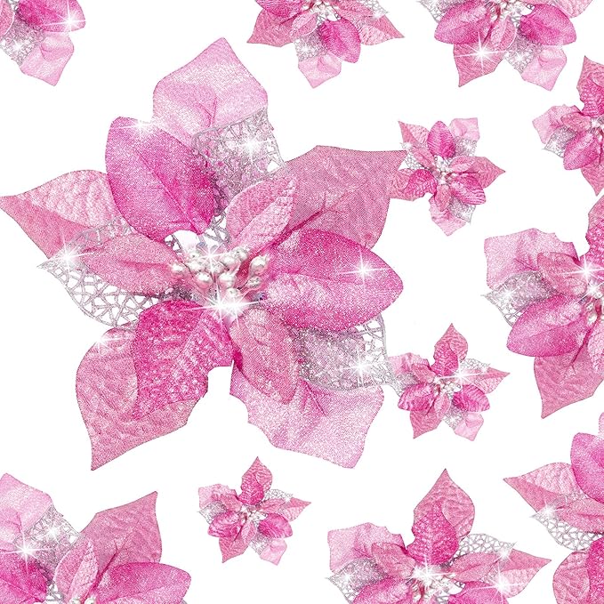 Boao 24 Pieces Christmas Artificial Glitter Poinsettia Flowers Xmas Flowers Wedding Christmas Tree New Year Ornaments (Pink)