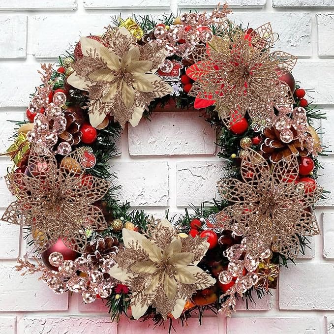 24Pcs Christmas Poinsettia Artificial Flowers and Glitter Berries Kit, 2 Styles Total 16Pcs Christmas Tree Flowers Ornaments, 8Pcs Christmas Tree Picks for Wedding Holiday Decorations, Rose Gold