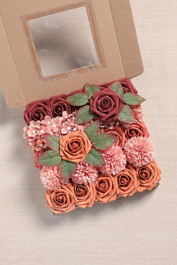 YYHUAWU Artificial Flowers Combo Box Set Gradient Color Flower Leaf with Stems for DIY Wedding Bouquets Centerpieces Baby Shower Party Home Decorations