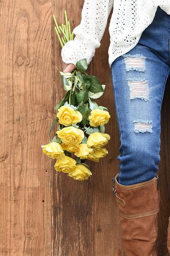 FiveSeasonStuff Fake Roses Wedding Flowers Real Touch Silk Yellow Artificial Flowers 12 Stems