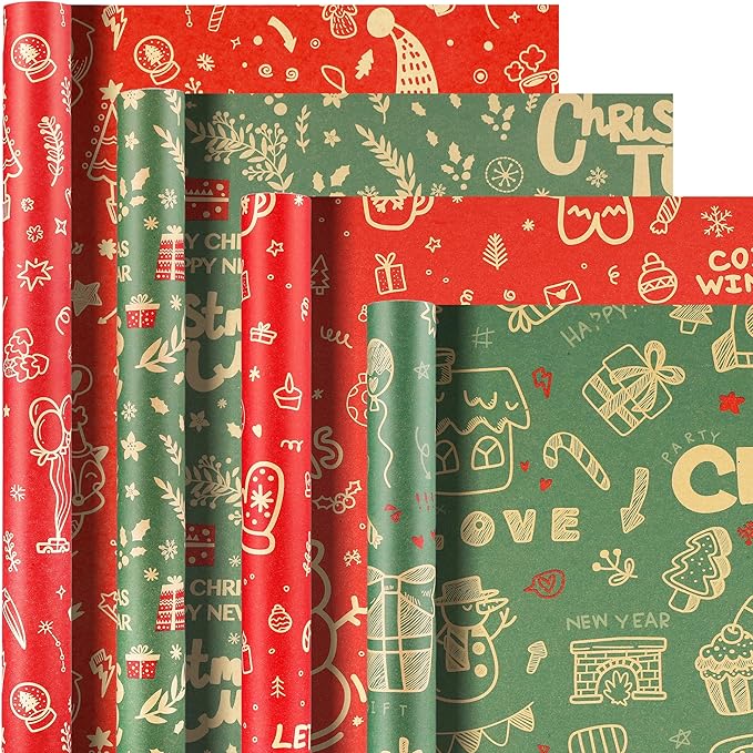 Anvure Christmas Wrapping Paper (4 Rolls: 147.24 sq. ft. ttl.) Kraft Set Featuring Santa Claus, Snowman & Xmas Presents, Red & Green Holiday Designs for Gift Wrap 29.92 Inch X 14.76 Feet Per Roll