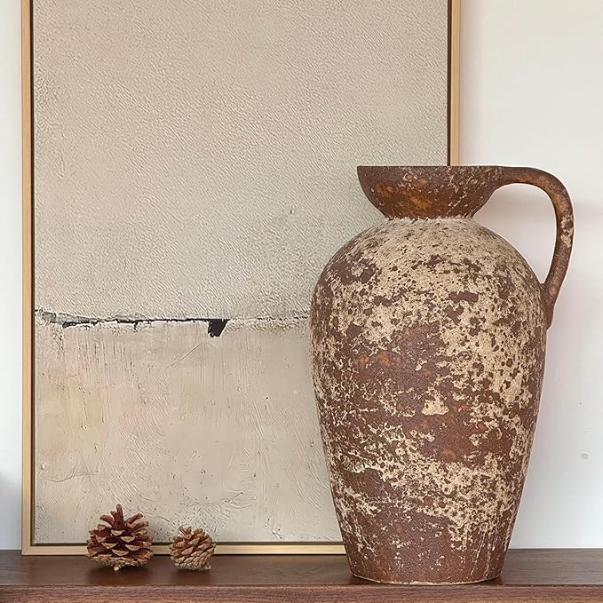 Brown Ceramic Rustic Farmhouse Vase Jug Pitcher with Handle, Distressed Antique Terracotta Pottery Flower Vase 14.2 Inch Handmade Large Floor Vintage Decorative for Home Living Room Decor