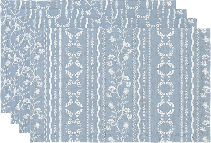 LilyCat Linen Fabric Blue Floral Placemats, Stripes Durable Boho Dining Table Mats for Kitchen, Rustic Vintage Washable Place Mats Set of 4, 18’’× 12’’