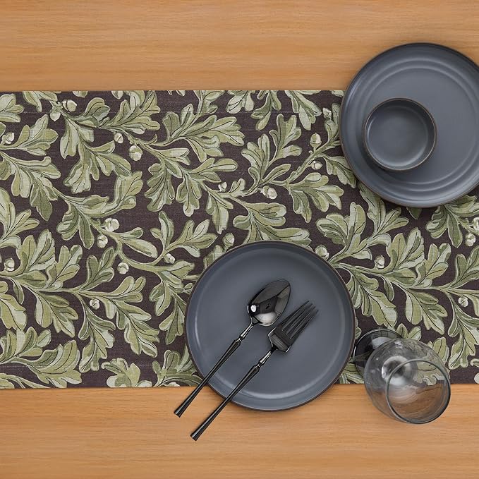 Solino Home 100% Pure Linen Table Runner 132 Inches Long - Floral Print Green and Brown Table Runner 14 x 132 Inch - Handcrafted and Machine Washable - Fallen Leaves Print