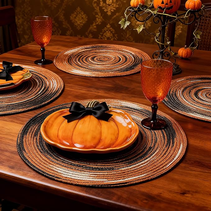 Youyi Better Lifes Halloween Round Braided Placemats Set of 8 Colorful Washable Durable Placemats Non-Slip 15 Inch Black-Orange Woven Table Mats for Dining Tables Holiday Party Decoration