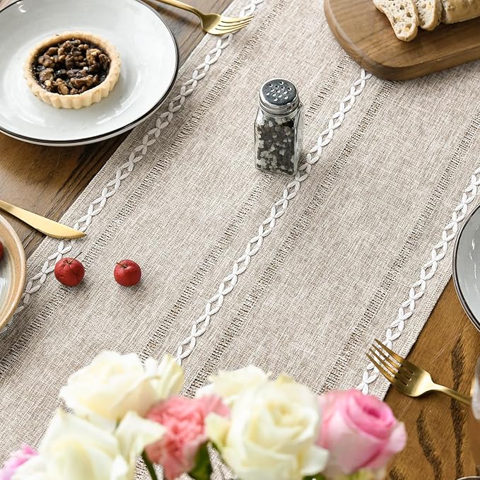Artoid Mode Brown Rustic Cotton Linen Table Runner, Seasonal Embroidered Hollow Kitchen Dining Table Decoration for Home Party Decor 13x36 Inch