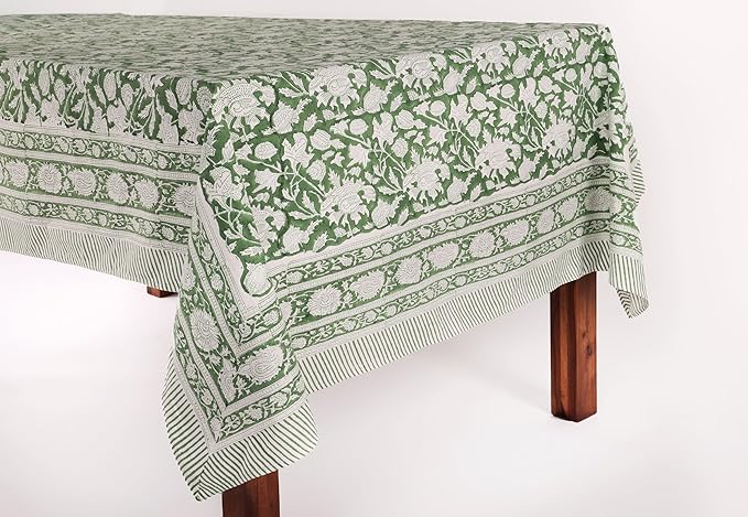 ATOSII Meraki Green 100% Cotton Fall Tablecloth, Handblock Print Rectangle Table Cover for Kitchen Dining Linen I Parties, Thanksgiving, Christmas, Wedding, Table Cloth I 72 X 108 Inches I 8 Seater