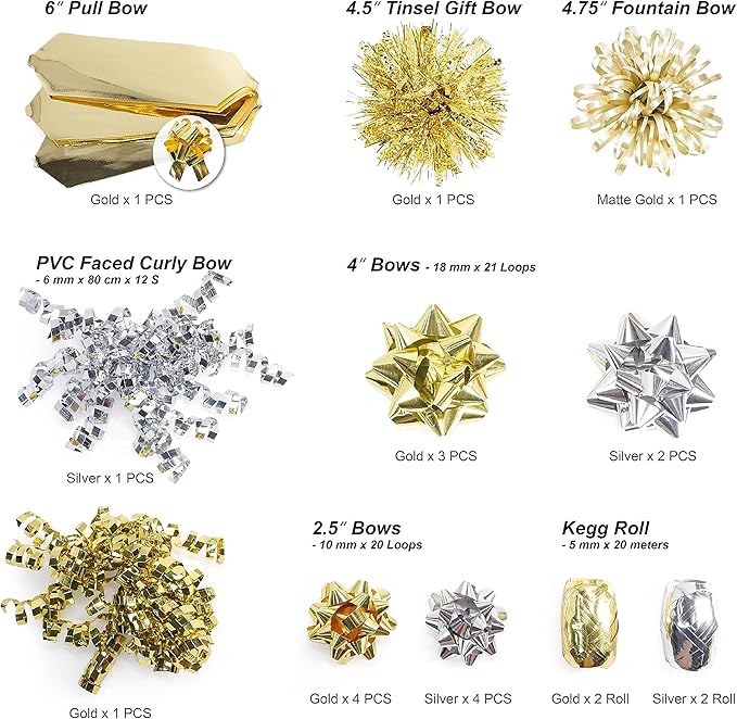 CT CRAFT LLC Gift Bows 22 PCS Set Multi Colored Assorted - Bow x 18 pcs + Kegg Roll x 4 pcs - Silver/Gold, Holiday Christmas Birthday Party Wrapping