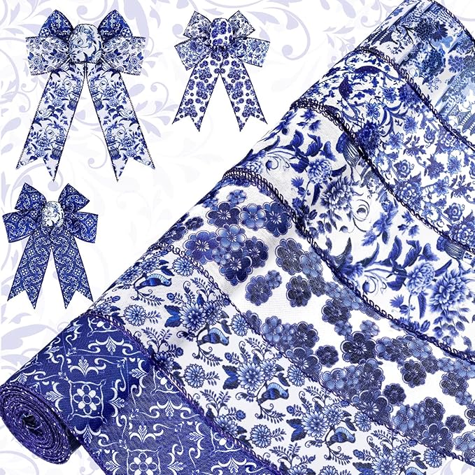 Lyrow 6 Rolls Chinoiserie Ribbon White and Blue Wired Edge Floral Ribbon Butterfly Flower Pattern Fabric Craft Wreath Bow Wrapping for Home Christmas Birthday Party Decor 2.52 Inches by 5 Yards