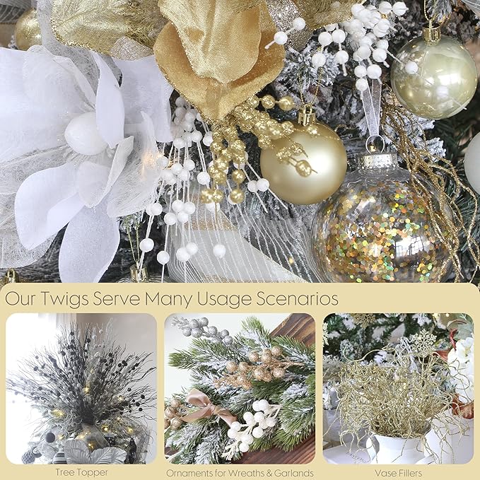 Sea Team 24-Pack Artificial Glitter Berry Stem Ornaments, Decorative Bead Sticks, Glittery Twigs, Picks, Branches for Christmas Tree, Small Vase, Holiday, Wedding, Party (17 Inches, Gold)