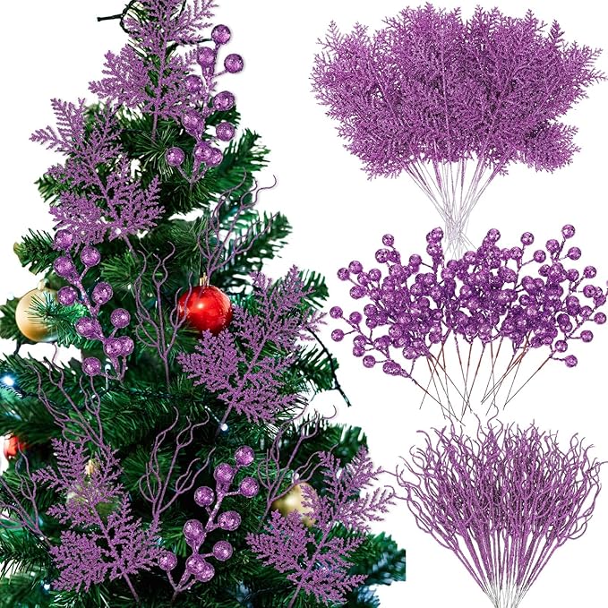 75 Pcs Christmas Glitter Branches 3 Styles Artificial Christmas Picks Berries Stems Pine Needles Floral Twig Spray for Xmas Tree Ornaments DIY Wreath Garland(Purple)