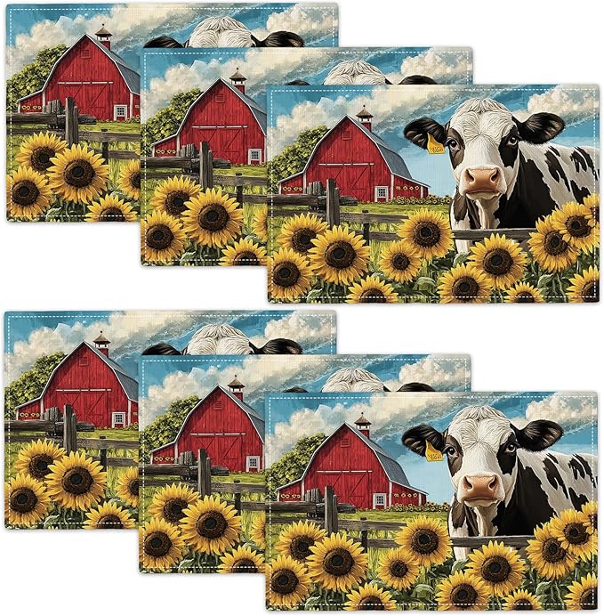 Farmhouse Sunflowers Cow Placemats Set of 6, Country Barn Place Mats, Rustic Flowers Cow Dining Table Mats, Washable Placemats for Kitchen Dining Room Home Decor 18L'' × 12W''