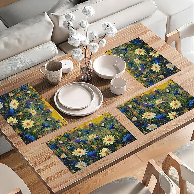 Watercolor Daisies Placemats Set of 4,Blue Cornflowers 12x18 Inch Non-Slip Washable Heat Resistant Linen Fabric Table Mats,Place Mats for Holiday Party