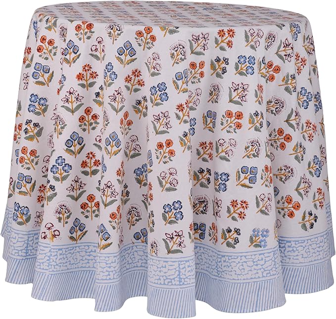 ATOSII Flora Bloom 100% Cotton Round Tablecloth, Handblock Print Floral Table Cloth for Kitchen Dining Linen I Parties, Weddings, Outdoors, Christmas, Thanksgiving I Fall Home Decor 60" Inches Round