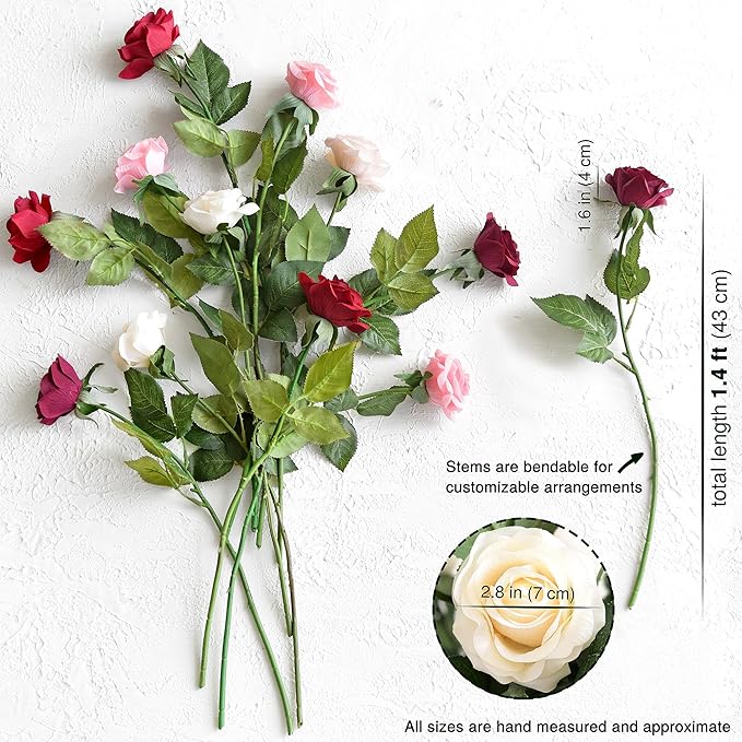 FiveSeasonStuff Rustic Mélange Artificial Roses Real Touch Silk Flowers with 12 Stems Wedding Bridal Bouquet Home Décor (Mix Pink, Burgundy & Purple)