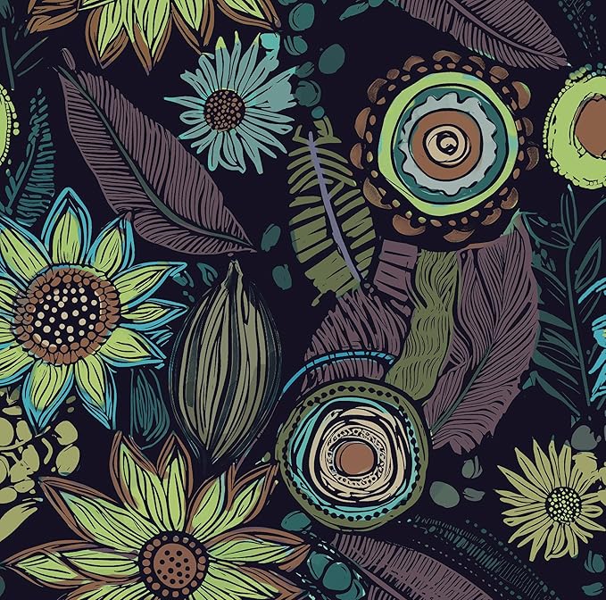 Vintage Boho Wallpaper Peel and Stick, Dark Purple/Green Gothic Floral Contact Paper 17.5" x 399.7", Retro Flower Bohemia Wall Paper Self Adhesive Removable Waterproof for Shelves Cabinet Table Drawer