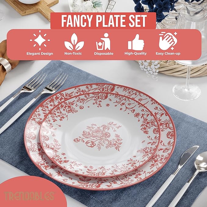 Trendables Plastic Plates For Party Supplies, Floral Disposable Plates For Party & Weddings 40 Pcs - 20 x 8 Dessert Plates & 20 x 10 Plastic Dinner Plates, Plate Set Disposable Dinnerware Sets