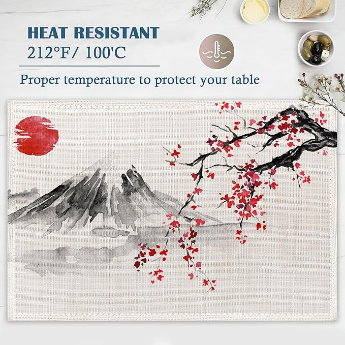 Japanese Cherry Blossom Placemats Set of 4, Sun Fuji Mount Place Mats Heat Resistant Washable Non-Slip Table Mats for Party Kitchen Dining Decor 12x18 Inch