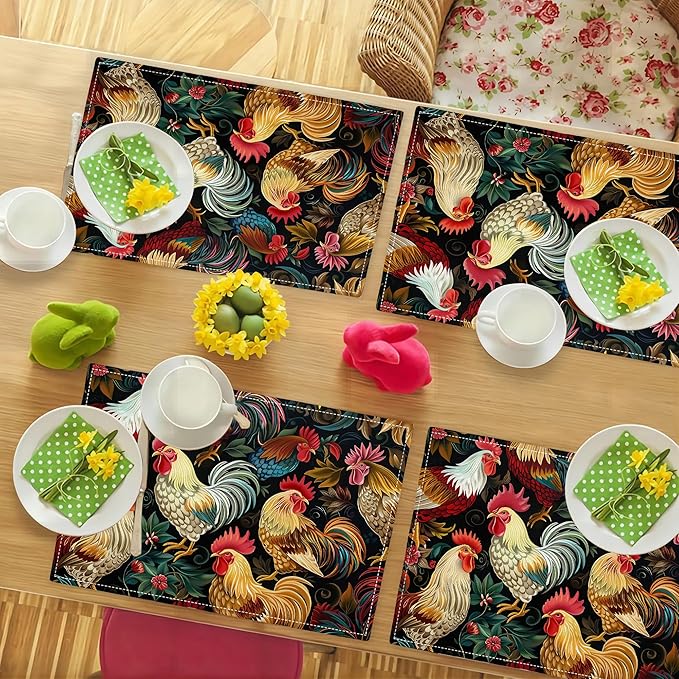 Rooster Placemats Set of 4 Rustic Country Farm Chicken Table Mats Washable Place Mats for Home Party Indoor Kitchen Dining Table Decoration 12x18 Inch