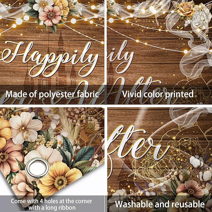 Happily Ever After Backdrop Bridal Shower Wedding Party Brown Wood Photography Background Boho Floral Golden Rose Dots Wedding Decor Banner Portrait Photo Booth Studio Props 10x7ft FU073YL
