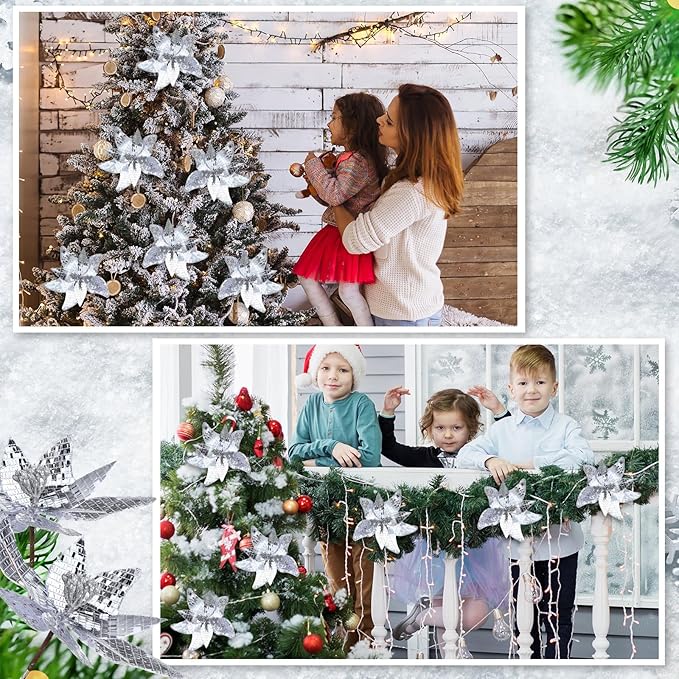 6 Pcs 10.6'' Christmas Large Silver Mirrored Poinsettias with Clips Artificial Glitter Poinsettias Flowers Christmas Tree Ornaments for Xmas New Years Eve Garland DIY Project Winter Wedding Decor