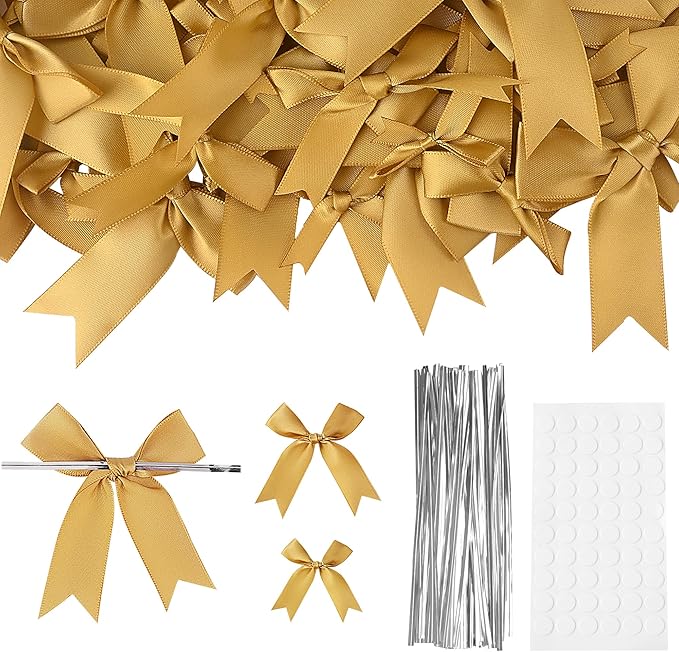 Oubest Gold Bows for Gift Wrapping, 60 PCS 1.57", 2.5" & 3.5" Satin Ribbon Gift Wrap Bows with Twist Tie for Christmas,Birthdays,Baby Shower,Weddings,Crafts,Holiday Presents,Party Decorations, Gold