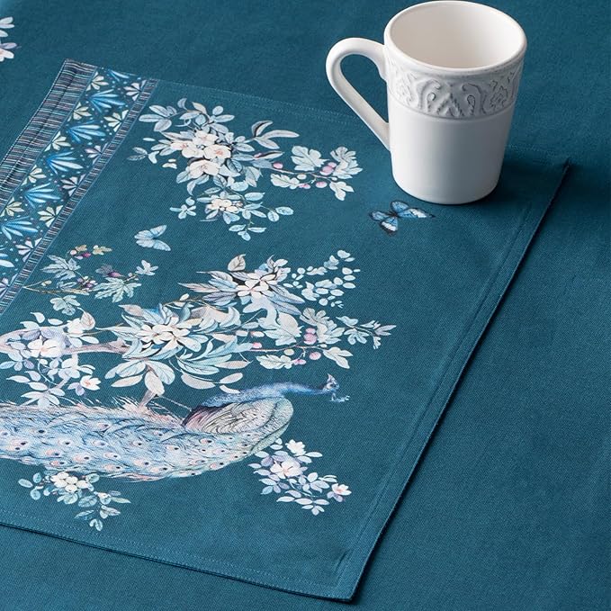 Maison d' Hermine Place Mats 100% Combed Cotton Premium (13 Inch x 19 Inch) Cloth Place Mat Washable Dinner Placemat, Dinner & Dining, Peacock Utopia - Deep Sea (Set of 4)