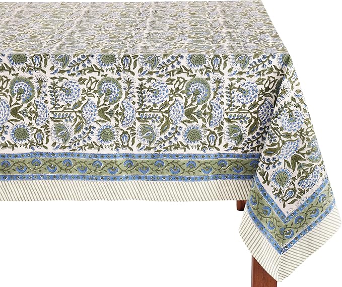 ATOSII Clover Blue 100% Cotton Rectangle Spring Tablecloth, Handblock Floral Linen Table Cloth for Kitchen Dining Table I Parties Weddings Outdoors Easter Home Decor 72 X 120 Inches I 10 Seater