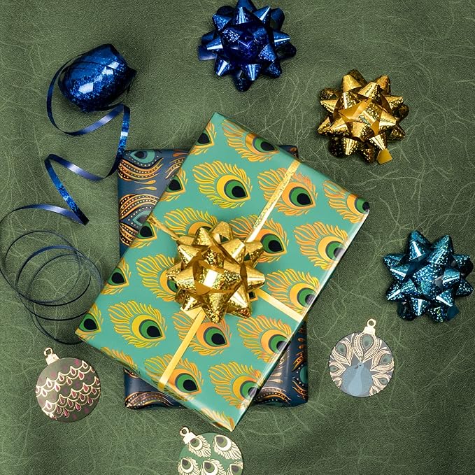 WRAPAHOLIC 30 Inch Peacock Christmas Wrapping Paper Roll - Jumbo Roll Green Peacock Elements Patterns with Metallic Foil Shine - 4 Rolls - 30 Inch x 120 Inch Per Roll