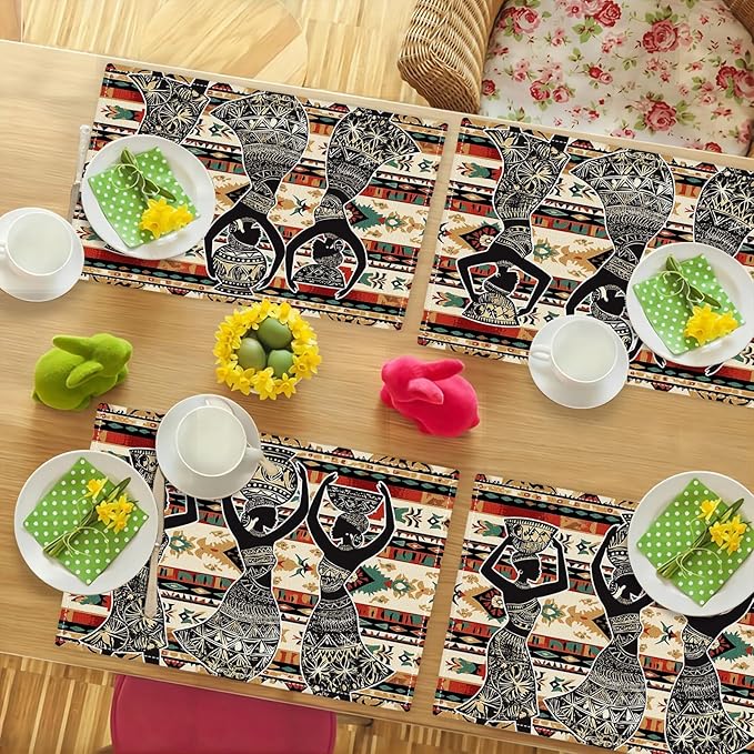 Southwestern Placemats Set of 4, African Woman Place Mats, Rustic Dancing Women with Pot on The Head Dining Table Mats, Washable Placemats for Kitchen Dining Room 18L'' × 12W''