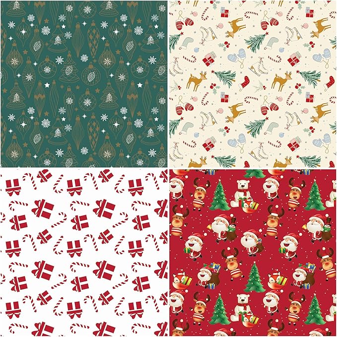 4 Rolls Christmas Wrapping Paper, 30 Inch x 14.8 Feet per Roll, Totaling 148 sq. ft. – Ornaments, Santa, Reindeer & Gift Box Designs, Eco-Friendly & Durable Coated Paper Gift Wrap for Christmas Presents & Holiday Decor
