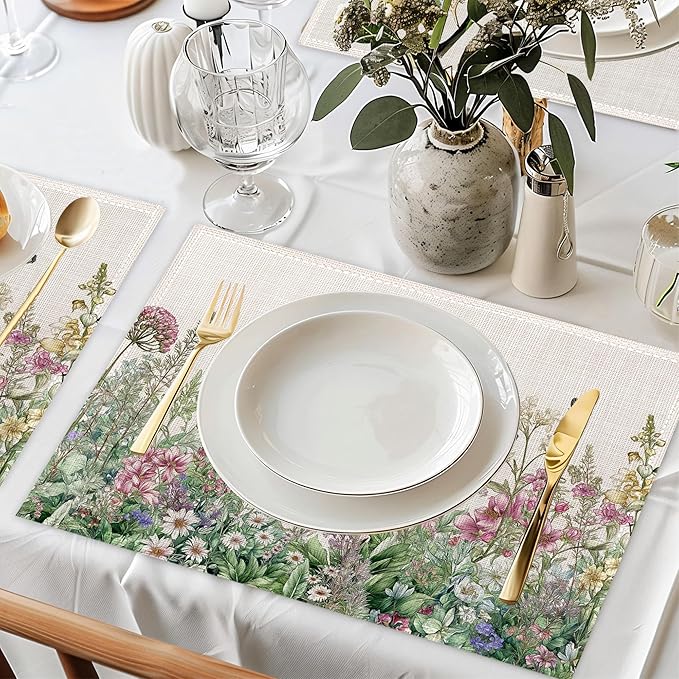 Vintage Wildflowers Placemats Set of 6,Butterfly Botanical Herbs Waterproof Heat Resistant Dining Table Plate Mat for Home Kitchen Dining Table 12x18Inch