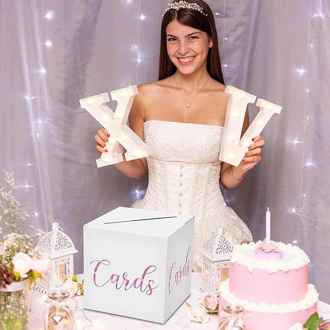Classic Elegant Card Box – 1 Set Hot Stamping Card Receiving Box for Gift Envelope Money – Wedding Bridal Baby Shower Birthday Graduation Party Supplies Decorations ( 8"*8"*8", Pink and Gold)-A11