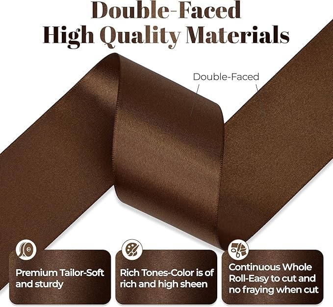 Brown Satin Ribbon, Double Faced 2 Inch X 25 Yards Brown Ribbon, Premium Satin Ribbon for Gift Wrapping, Crafts, Hair Bow Making, Sewing, Flower Bouquet, Wedding Party Decor