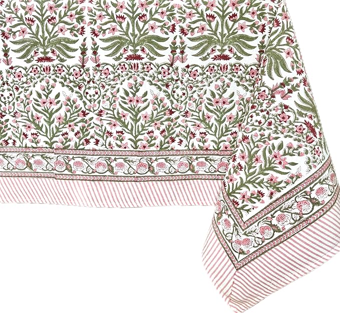 ATOSII Nargis Pink 100% Cotton Tablecloth, Handblock Print Rectangle Table Cover for Kitchen Dining Linen I Parties, Thanksgiving, Weddings, Easter Spring Summer I 72 X 140 Inches I 12 Seater