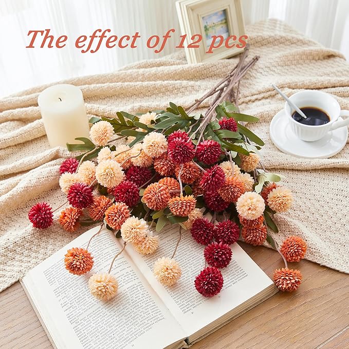 SITUMEIZI Fall Faux Silk Pompon Mum Artificial Burnt Orange Flowers Fake Mini Chrysanthemum Flowers Mums 6Pcs for Fall Home Party Wedding Decorations (Fall Assorted)