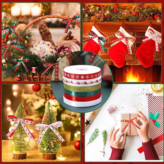 6 Rolls Christmas Ribbon for Crafts 3/8 Inch Glitter Fabric Holiday Festival Grosgrain Ribbon for Wrapping Decoration Floral Bows Craft(Gingerbread)