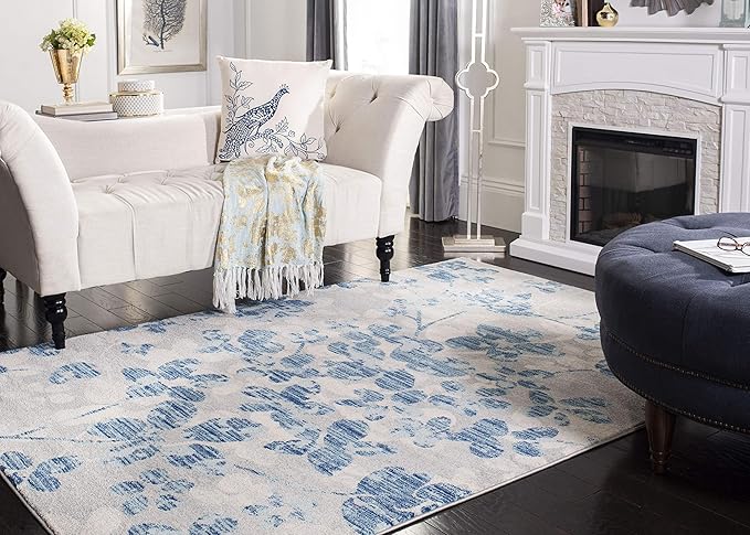 SAFAVIEH Evoke Collection Area Rug - 6'7" x 9', Grey & Light Blue, Floral Design, Non-Shedding & Easy Care, Ideal for High Traffic Areas in Living Room, Bedroom (EVK236J)