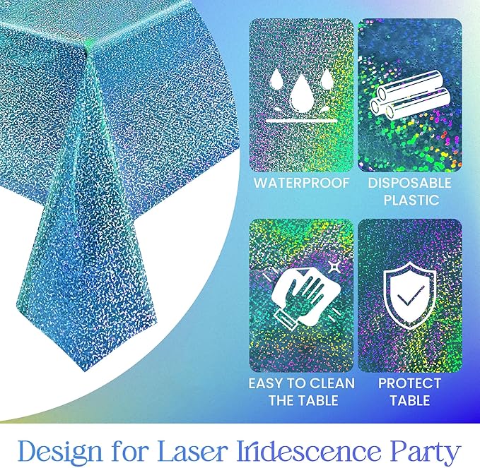 3pcs Blue Holographic Laser Tablecloths 40" x 108" Plastic Table Cloths for Parties Shimmer Shiny Party Decoration for Winter Ocean Princess Birthday Party Wedding Baby Shower Christmas Decor