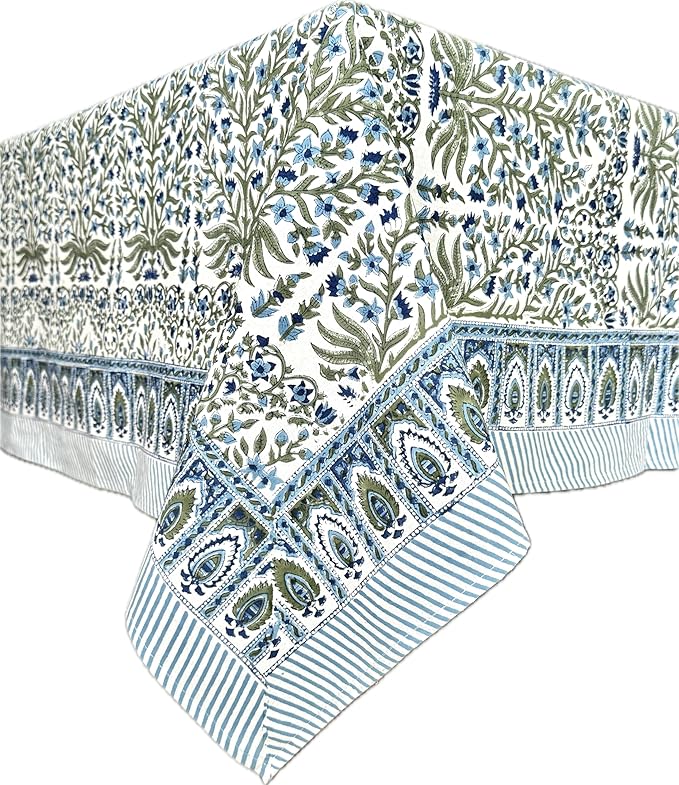 ATOSII Nargis Blue 100% Cotton Rectangle Summer Tablecloth, Indian Block Print Floral Table Cloth I Dining Parties Weddings Outdoors Holidays 60 X 108 Inches 8 Seater I Grandmillennial Farmhouse Boho