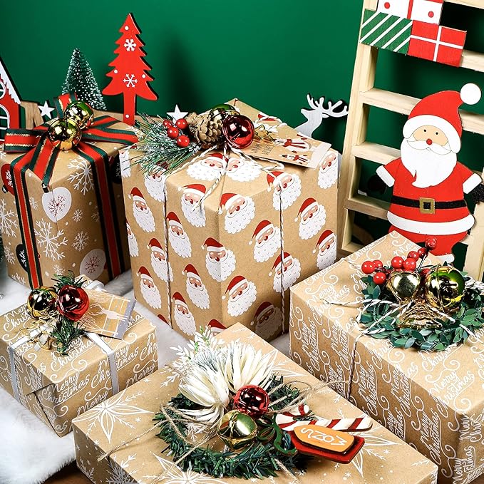 RUSPEPA Christmas Wrapping Paper, Kraft Paper - Santa Claus, Snowflake, Christmas Ball and Merry Christmas - 4 Rolls - 30 inches x 10 feet per Roll