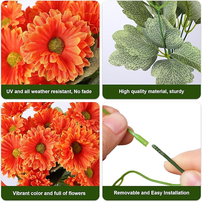 HyeFlora Dahlia Artificial Winter Flowers for Outdoors Christmas Decoration, 6 Bundles Fake Daisy Orange Faux Plants Realistic UV Resistant Silk Flowers for Outside Planter Front Door Yard Garden