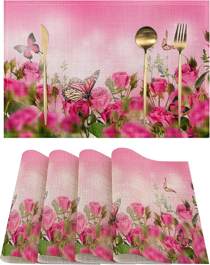 Spring Pink Rose Placemats Set of 4, Floral Butterfly Linen Place Mats Heat Resistant Non-Slip Washable Table Mats for Dining Kitchen Party Decor 12"x18"