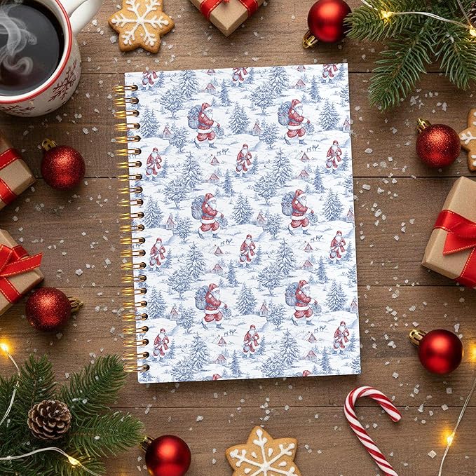 VIIJJUE Blue and White Chinoiserie Christmas Santa Notebook for Women, Vintage French Country Toile de Jouy Journal, Xmas Red Santa Holiday Hardcover Spiral Notebooks, 5.5x8.3 Inch-01