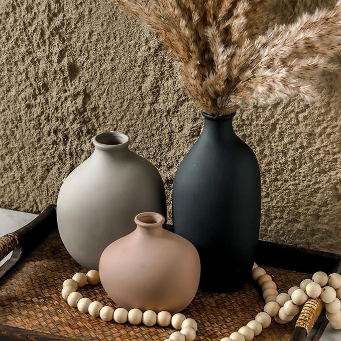 Ceramic Vase Set of 3, Modern Rustic Pottery Vases for Home Decor,Farmhouse Flower Vase for Pampas Grass, Dried or Fresh Flowers, Decorative Vases for Living Room, Bedroom, Bookshelf, or Table.