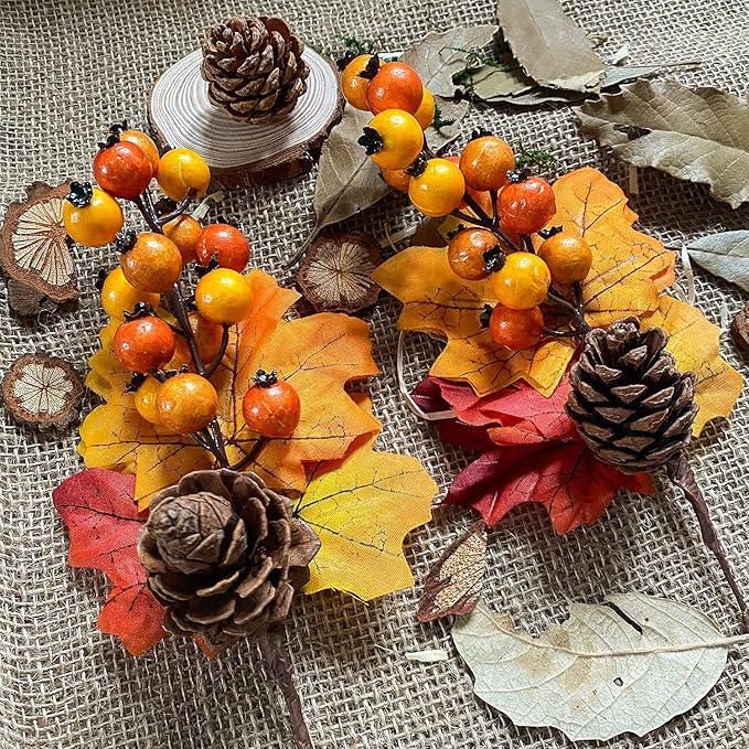 12 Pack Fall Stems Artificial Berry Picks Fall Picks with Pine Cone Sunflowers Pumpkin Maple Leaves Branches Decorations for Harvest Autumn Thanksgiving Day Wreaths Indoor Outdoor Home Decor