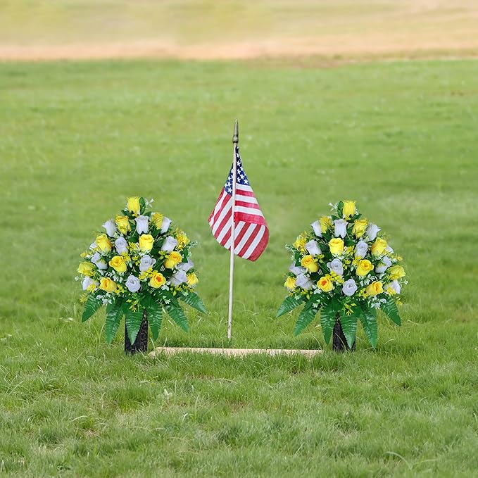 Artificial Cemetery Flowers, Gravesite Decoration Roses, Memorial Bouquets with Cemetery Vase, Vibrant and Long-Lasting Colors (Yellow+White, 2 Bundles)
